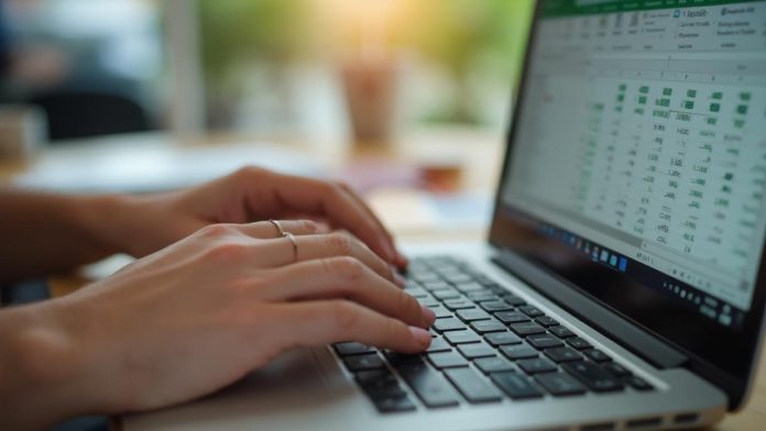 Mains tapant sur le clavier d'un ordinateur avec une feuille de calcul à l'écran