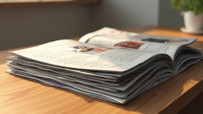 Une pile de documents imprimés posée sur un bureau en bois.