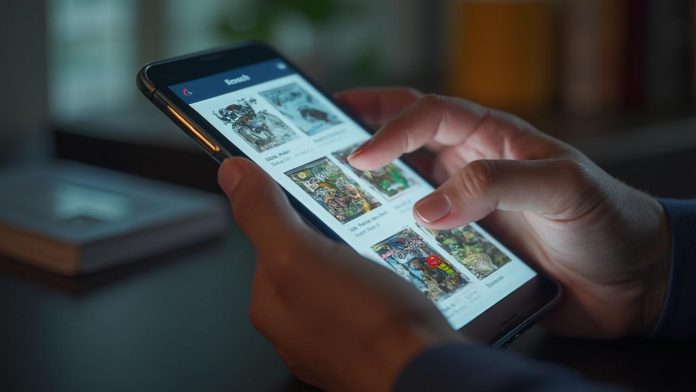 Gros plan sur des mains feuilletant des images de bandes dessinées sur un téléphone portable