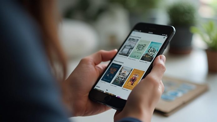 Personne lisant des livres numériques sur son smartphone