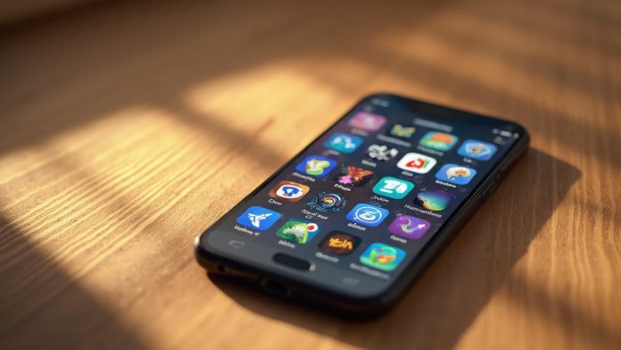 Smartphone avec écran plein d'icônes d'applications mobiles