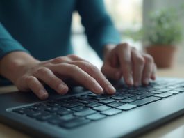 Comment réinitialiser votre mot de passe Windows : guide étape par étape pour retrouver l’accès à votre PC Mains tapant sur le clavier d'un ordinateur portable dans un environnement de bureau