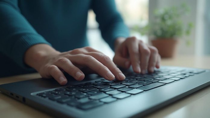Mains tapant sur le clavier d'un ordinateur portable dans un environnement de bureau