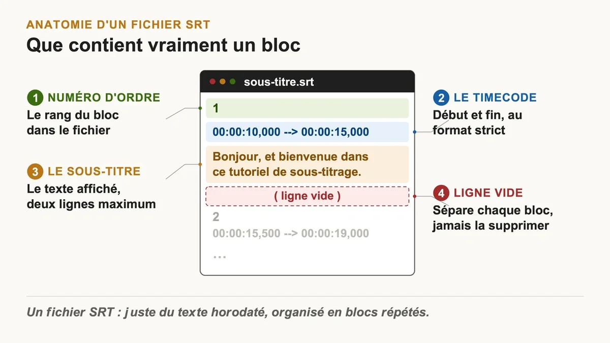 Schéma illustrant la structure d'un fichier SRT avec blocs de sous-titres et timecodes