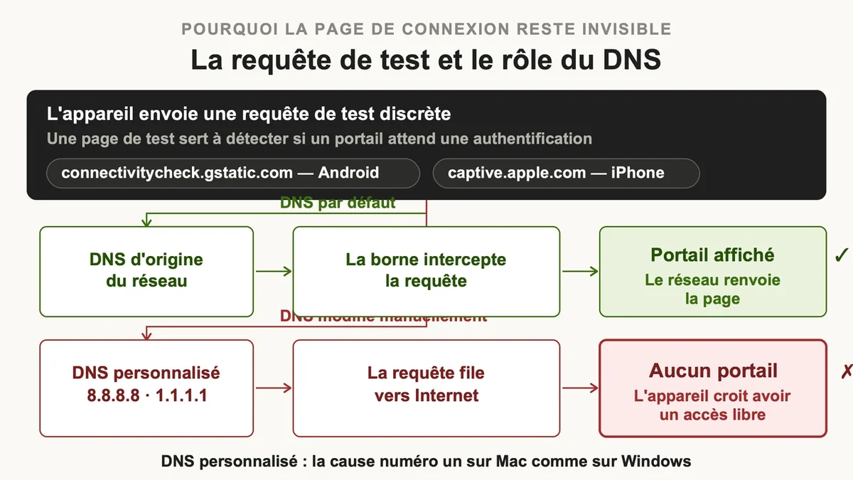 Appareil testant la connexion avec un DNS personnalisé pour une requête silencieuse