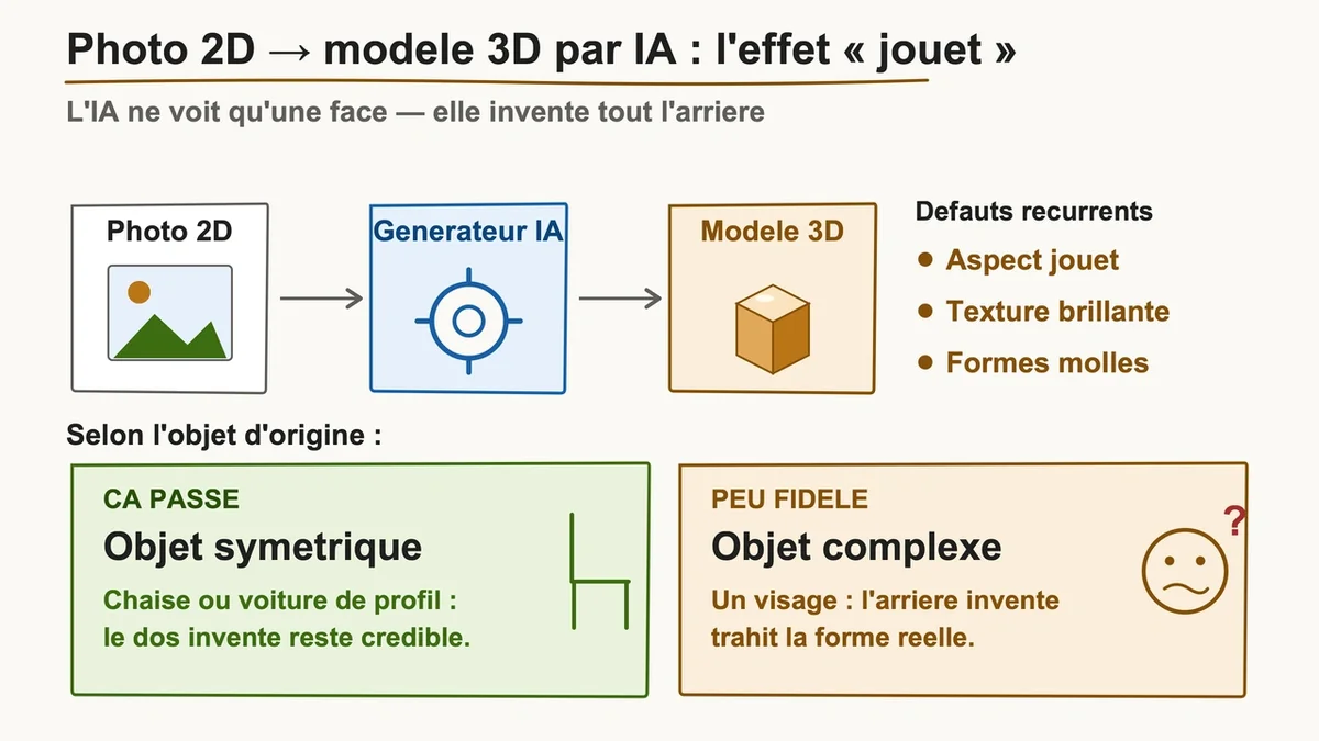Modèle 3D peu détaillé et brillant dérivé d'une photo, avec un aspect jouet et manque de profondeur