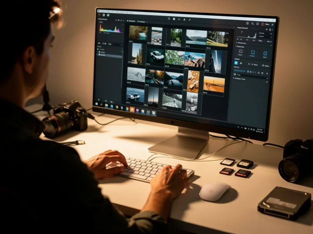 Personne travaillant sur un ordinateur pour convertir des photos HEIC en JPG dans un bureau organisé