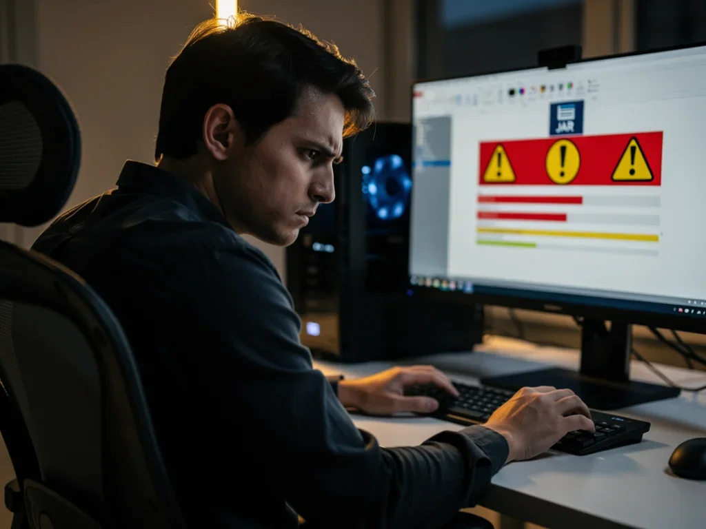 Personne inspectant un fichier JAR sur son ordinateur avec une expression préoccupée dans un bureau moderne