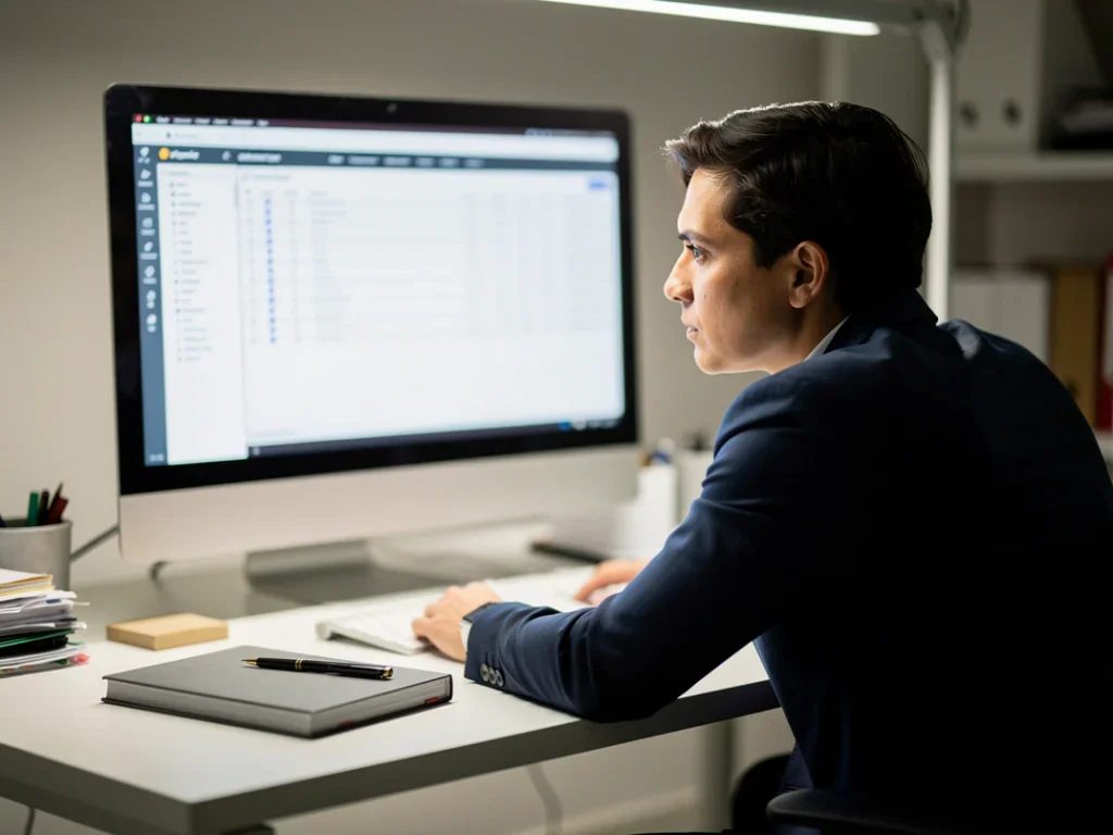 Personne assise à un bureau, concentrée sur un écran d'ordinateur avec un fichier .dat ouvert