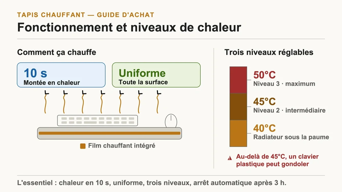 Schéma montrant le fonctionnement et les niveaux de chaleur d'un tapis chauffant avec trois réglages