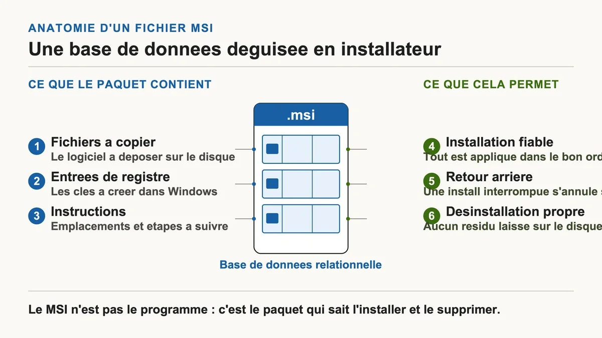 Illustration du processus d'installation de logiciels via Microsoft Windows Installer avec fichiers et instructions o...