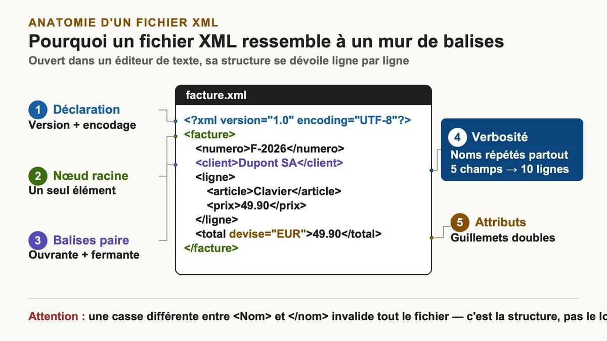 Éditeur de texte affichant un fichier XML avec ses balises et sa structure complexe