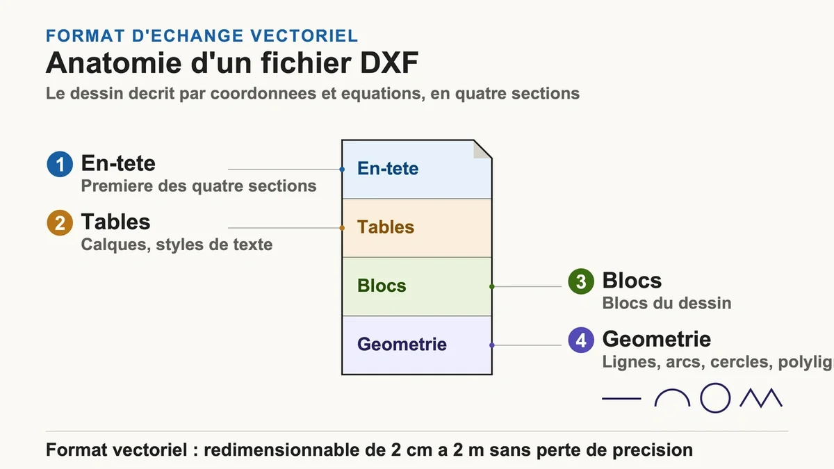 Schéma représentant les sections principales d'un fichier DXF, incluant en-tête, tables, blocs et géométrie