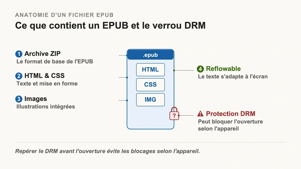 Illustration d'un fichier EPUB avec des symboles représentant HTML, CSS et images dans un format reflowable
