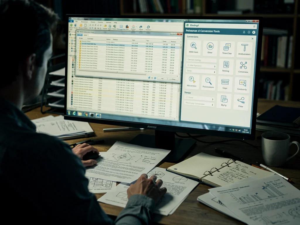 Personne travaillant à un bureau avec un ordinateur affichant l'interface Microsoft Access et des outils de conversion