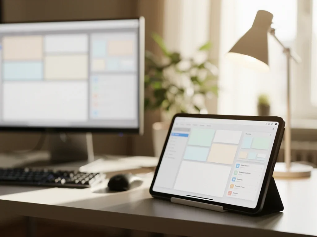 Tablette moderne utilisée comme second écran pour un ordinateur, affichant un espace de travail productif