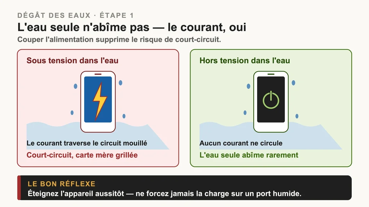 Smartphone éteint avec un message sur l'importance de couper l'alimentation en cas d'humidité