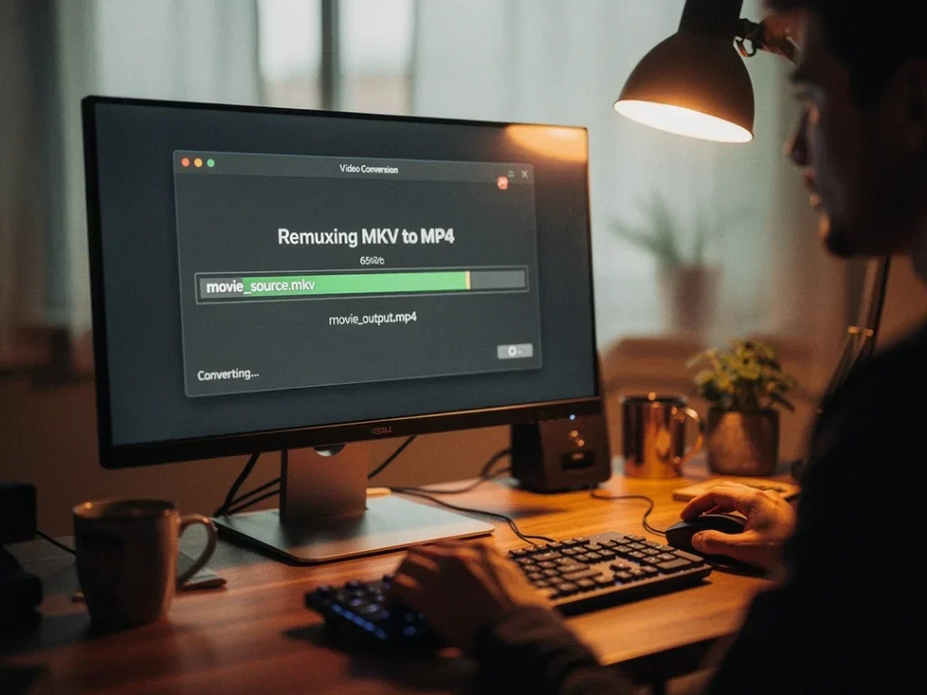 Personne utilisant un ordinateur dans un bureau chaleureux pour convertir un fichier vidéo de MKV à MP4