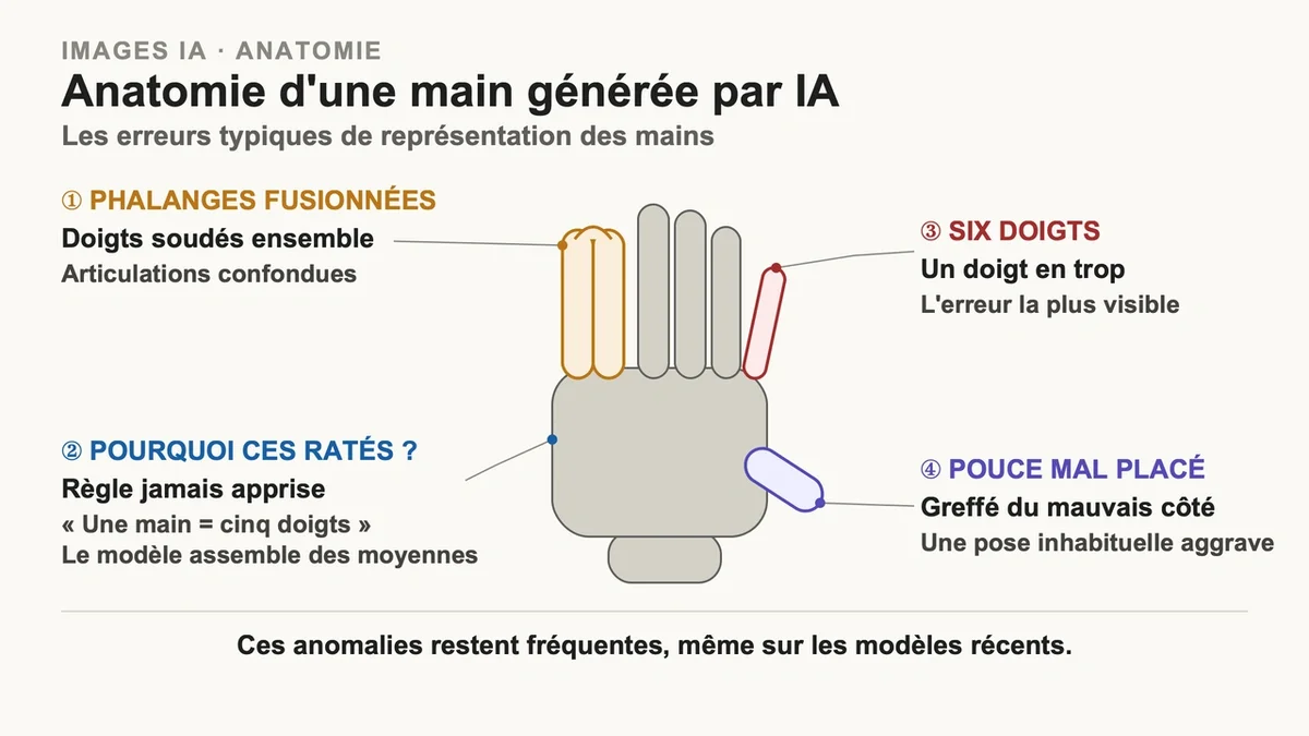 Mains d'images générées par IA montrant des anomalies comme des doigts fusionnés ou en surnombre