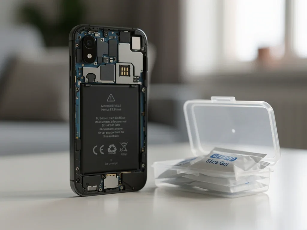 Smartphone ouvert dans une pièce sèche avec des sachets de gel de silicium à proximité pour le séchage