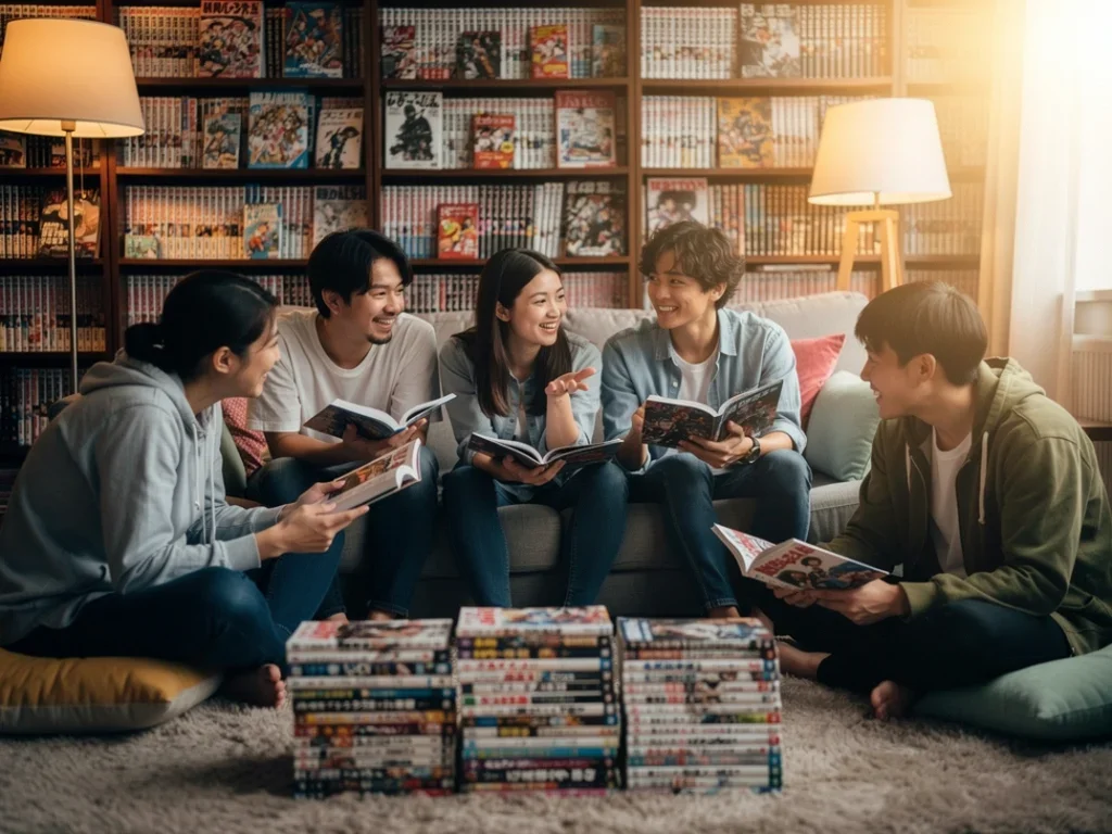 Groupe de lecteurs de manga échangeant dans une pièce chaleureuse remplie de comics et de livres
