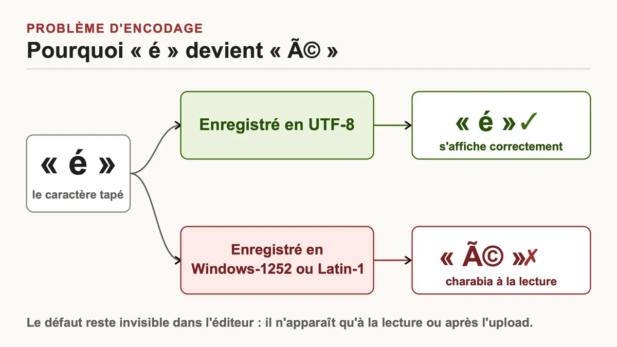Illustration représentant différents encodages de caractères en conflit, notamment Windows-1252 et UTF-8
