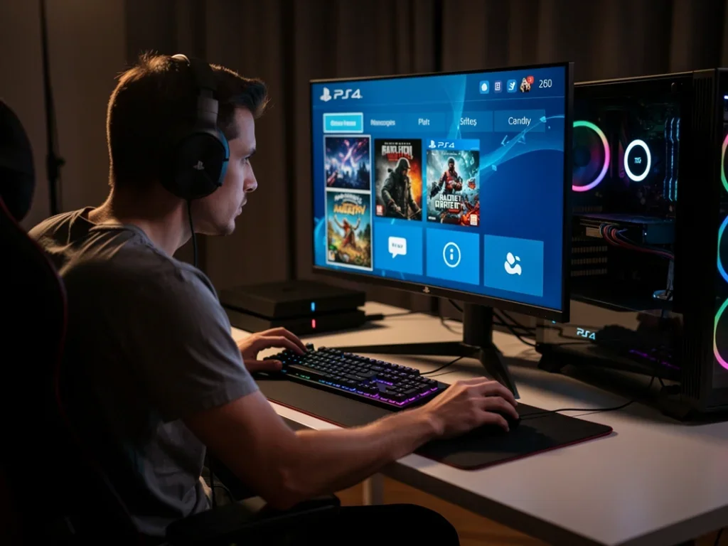 Joueur concentré devant un PC avec l'interface de l'émulateur shadPS4 à l'écran