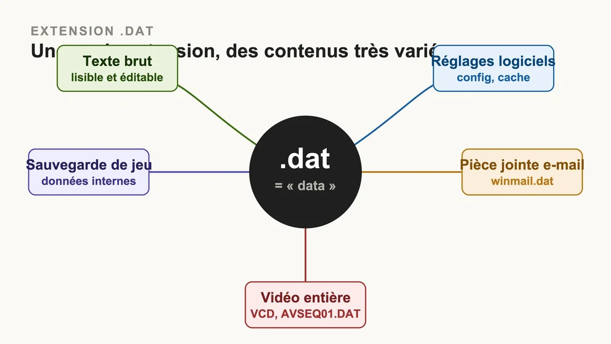 Fichiers .dat de différents types illustrant la diversité de leur contenu varié