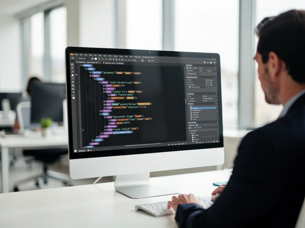 Personne consultant un fichier XML sur un ordinateur dans un bureau lumineux avec plusieurs outils logiciels