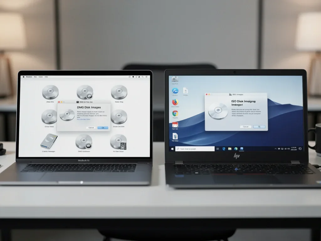 Comparaison visuelle des images disques DMG et ISO sur Mac et Windows avec étiquettes claires