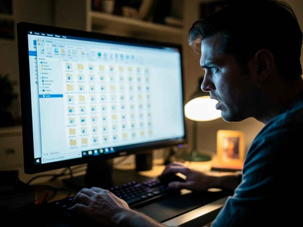 Personne anxieuse cherchant des fichiers temporaires sur un ordinateur pour récupérer un document Word perdu