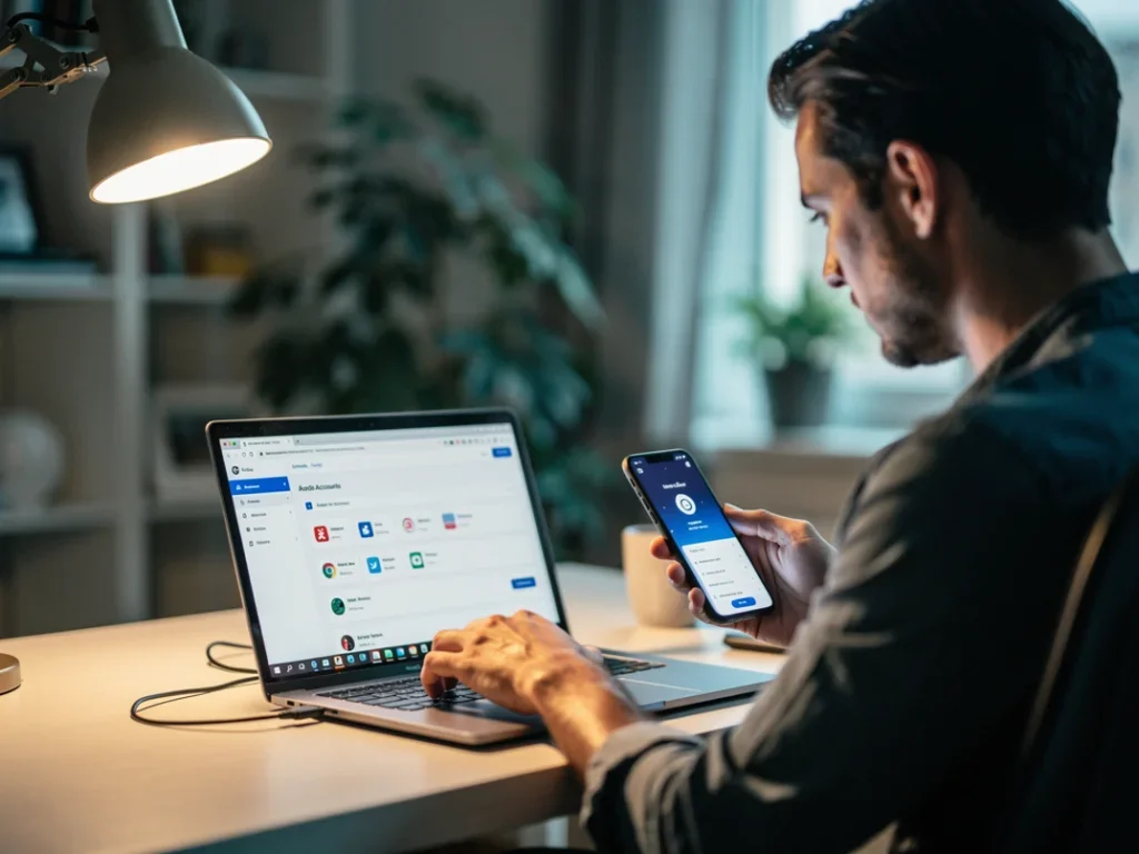 Personne utilisant un ordinateur portable dans un bureau à domicile pour sécuriser ses comptes en ligne
