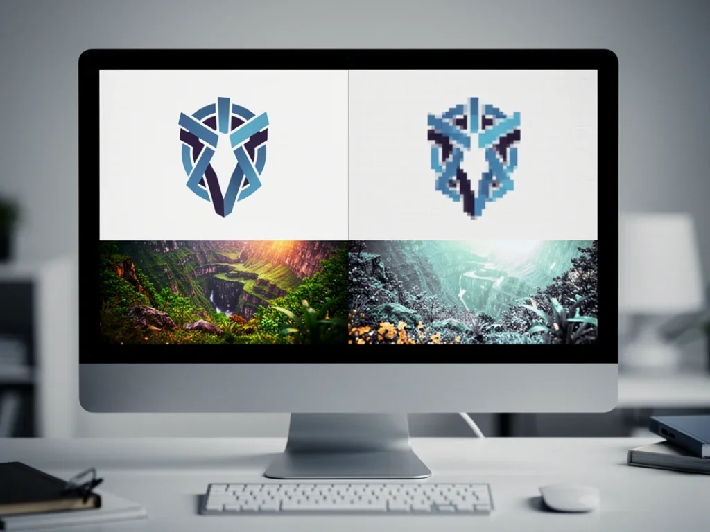 Comparaison des formats SVG et PNG avec un logo détaillé et une photographie complexe