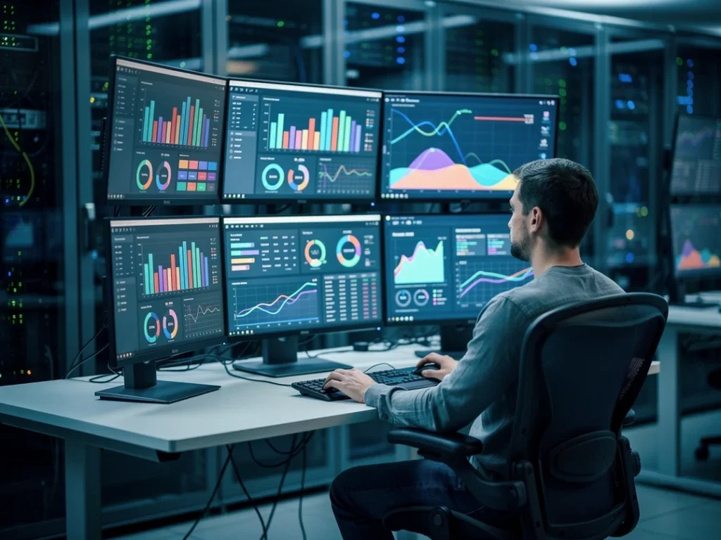 Technicien analysant des données sur des écrans de Prometheus et Grafana dans un bureau moderne высоких технологий