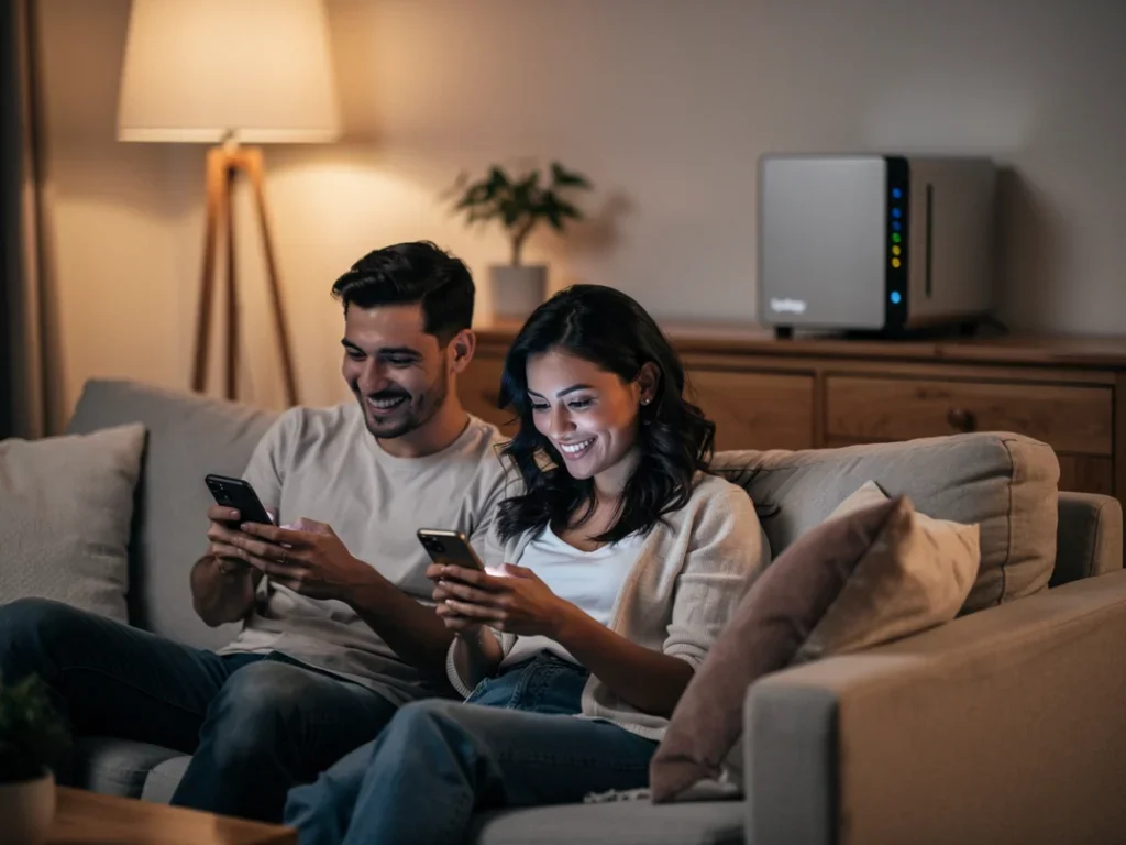 Une famille utilisant un Synology NAS pour sauvegarder automatiquement des photos dans un cadre familial chaleureux