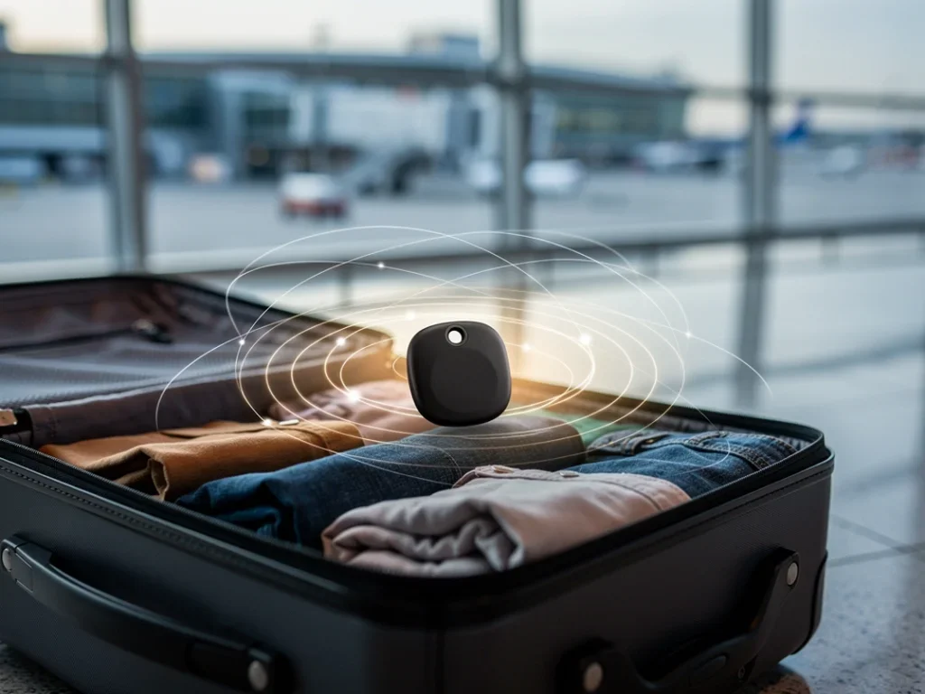 Dispositif de suivi Samsung Galaxy SmartTag2 dans une valise à l'aéroport, illustrant sa portée Bluetooth et connecti...