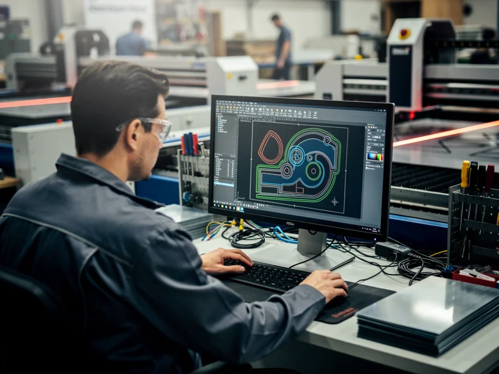 Technicien préparant un fichier DXF pour la découpe laser dans un atelier moderne animé