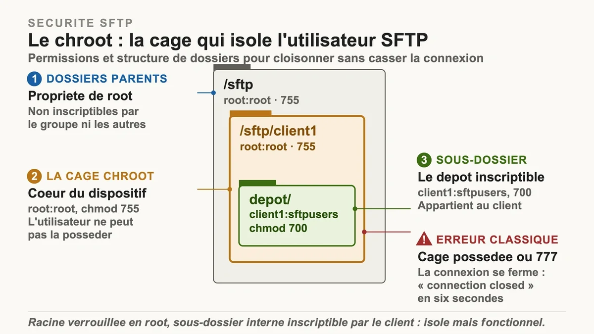 Structure de répertoires et permissions pour configurer un chroot jail pour utilisateurs SFTP