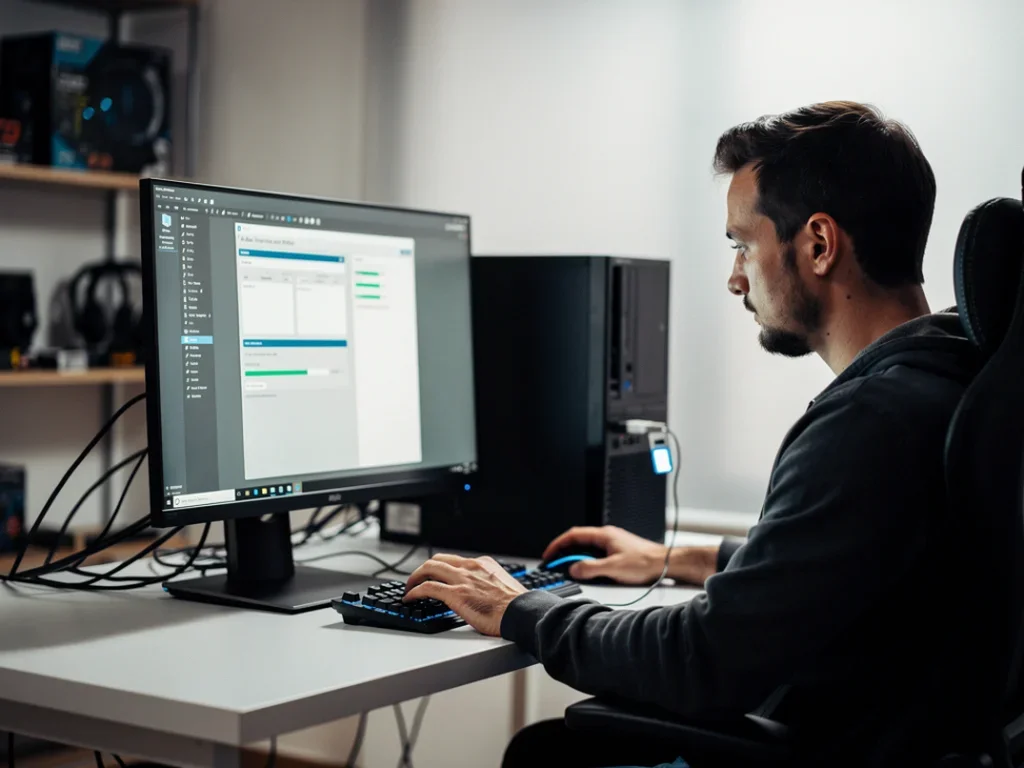 Technicien créant une clé USB bootable sur un ordinateur affichant l'application Rufus
