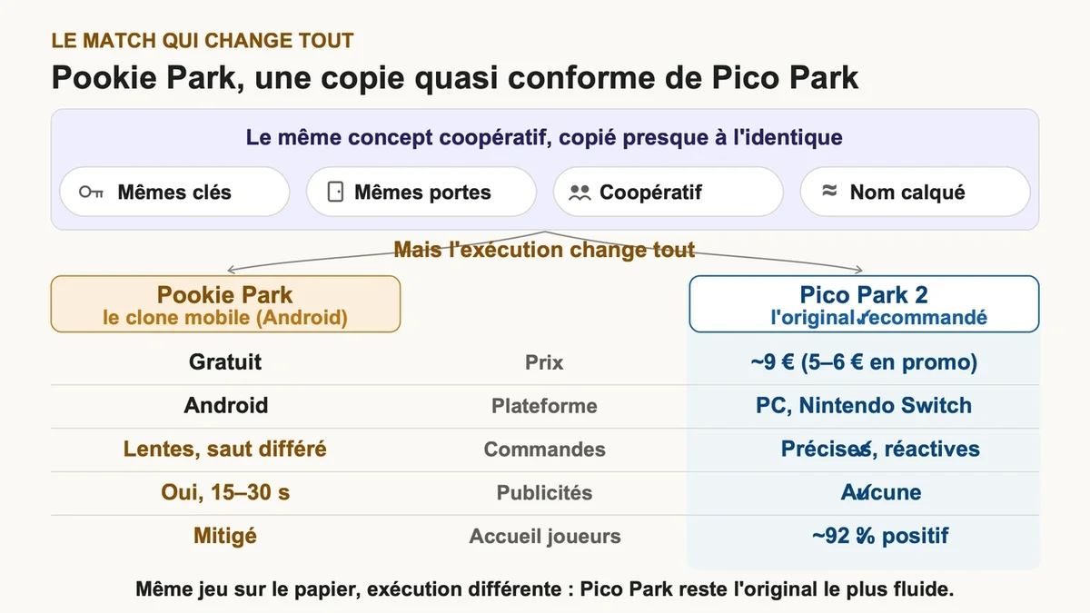Comparaison visuelle entre Pookie Park et Pico Park mettant en avant les éléments de gameplay similaires