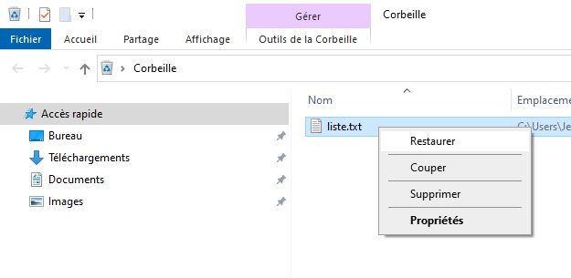 2 méthodes pour récupérer un fichier dans la corbeille Windows 10